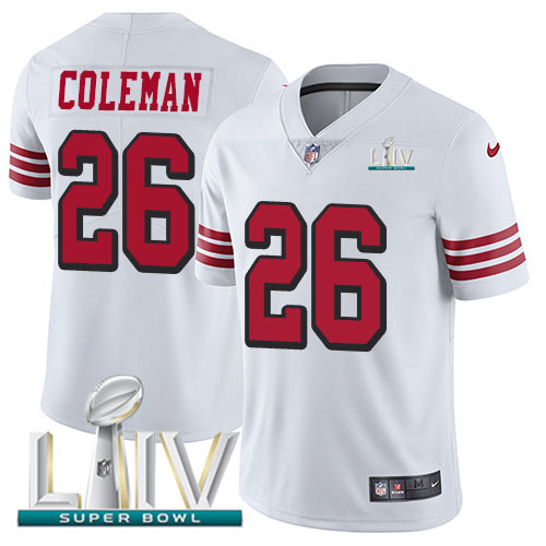 San Francisco 49ers Nike #26 Tevin Coleman White Super Bowl LIV 2020 Rush Men Stitched NFL Vapor Untouchable Limited Jersey
